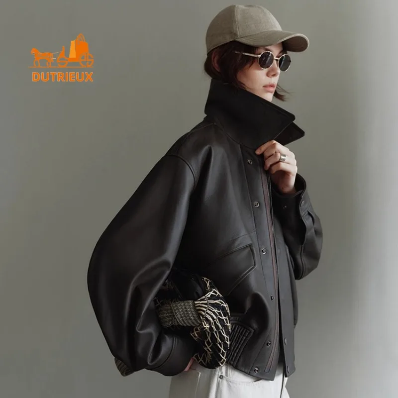 Winter Women's Short Lapel Waist Silhouette Flight Leather Jacket, 100% Real Sheepskin Retro Luxury Fashion Genuine Leather Coat