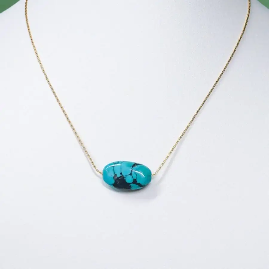 Natural Turquoise Oval Pendant Necklace Women's 14K Gold Filled Chain Jewelry