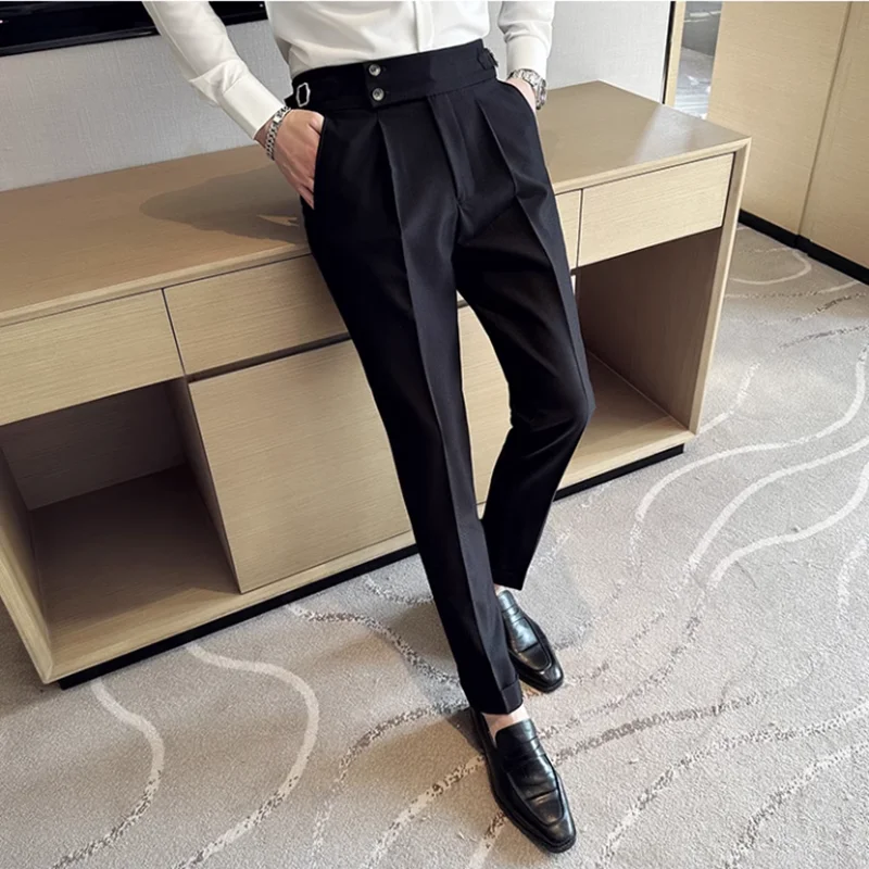 Men's Pure Color Business Wedding Suit Pants Fashion Unique Design Men Waist Adjustable Pant No Belt Slim Trousers Homme