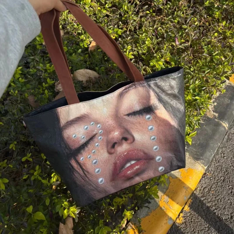 

Y2K Pearl Tears Girl Portrait Print Handbag, Fashion Dupont Paper Lightweight Shoulder Bag, Large Capacity Leisure Shopping Bag