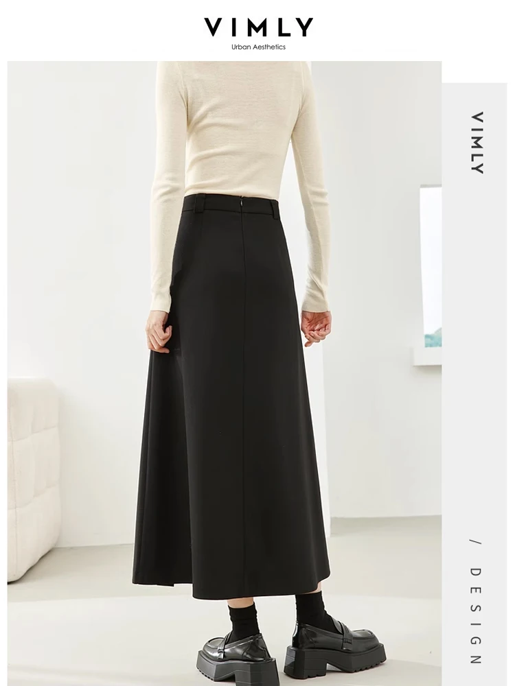 Vimly Black A-line Pleated Skirts for Woman 2023 Winter Thick Elegant Office Ladies Umbrella Maxi Skirt Female Clothing M5599