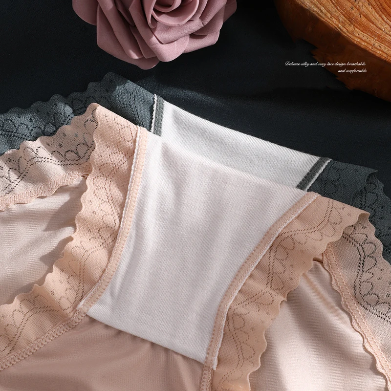 Sexy Lace Seamless Panties Women Silk Underwear Solid Mid-Waist Nylon Underpants Ladies Briefs Cotton Crotch Female Lingerie