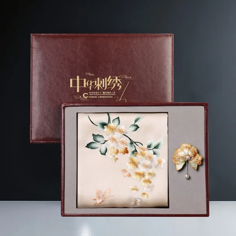 Suzhou Hand Embroidered Mulberry Silk Scarf with Matching Brooch, Luxury Gift Box Set, Chinese Traditional Souvenir Premium Gift