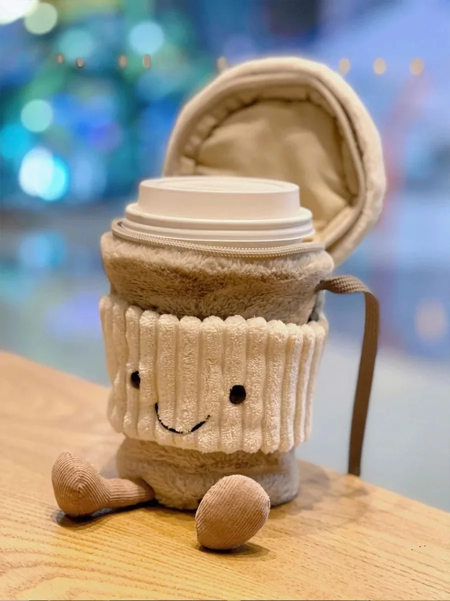 

UK Cute Plush Cup Holder Sling Bag with Smile Face, Portable Crossbody Drink Carrier for Coffee Cup, Kawaii Strap Bag Purse Gift