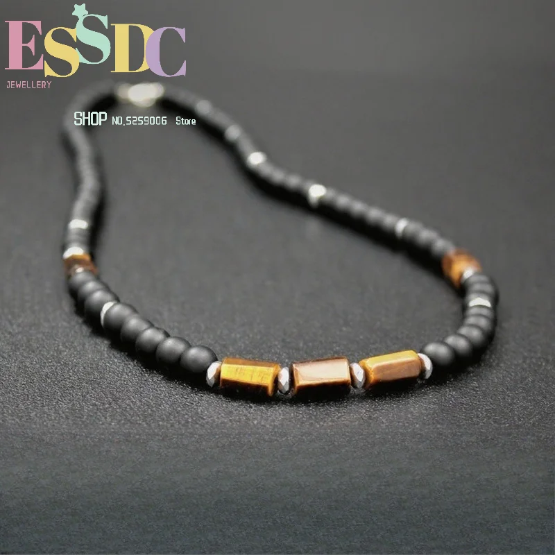 Stylish Tiger Eye Cylindrical Beads Mixed Black Beads Necklace Daily Holiday Decoration and Gift Bead Chain Silver Accessories