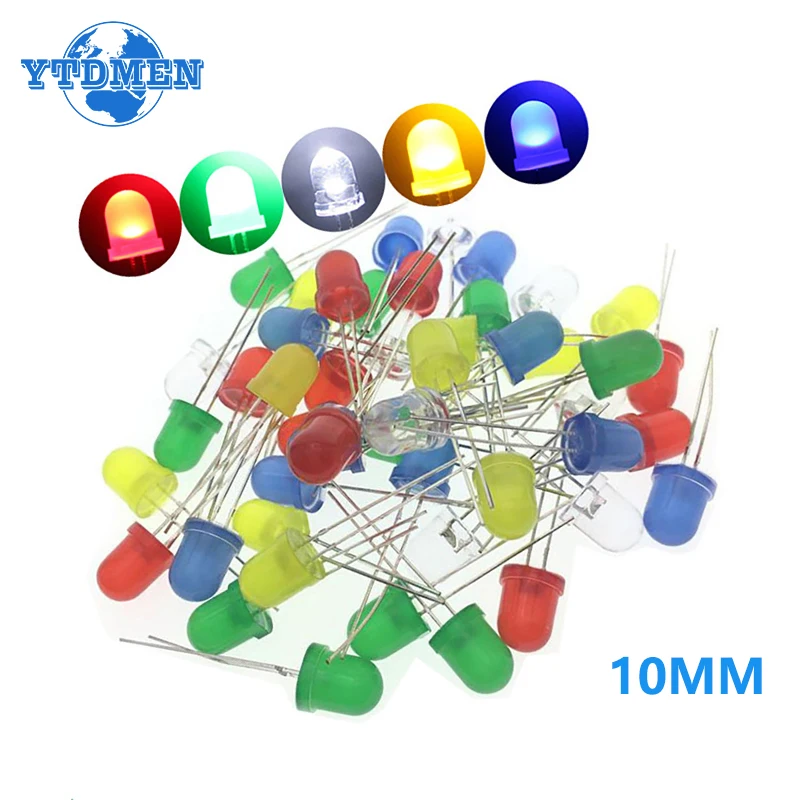 50PCS LED Diode 10mm 5 colors White/Red/Blue/Green/Yellow Lighting Bulb Electronics Component Multicolor Light Emitting Diodes