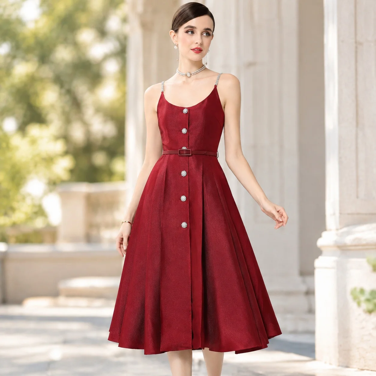 One Tie Dye Gown Fitted Retro with Strap Dress Slim Fit High Waist Sleeveless Rhinestone Embellished Mid Length Spring for Women