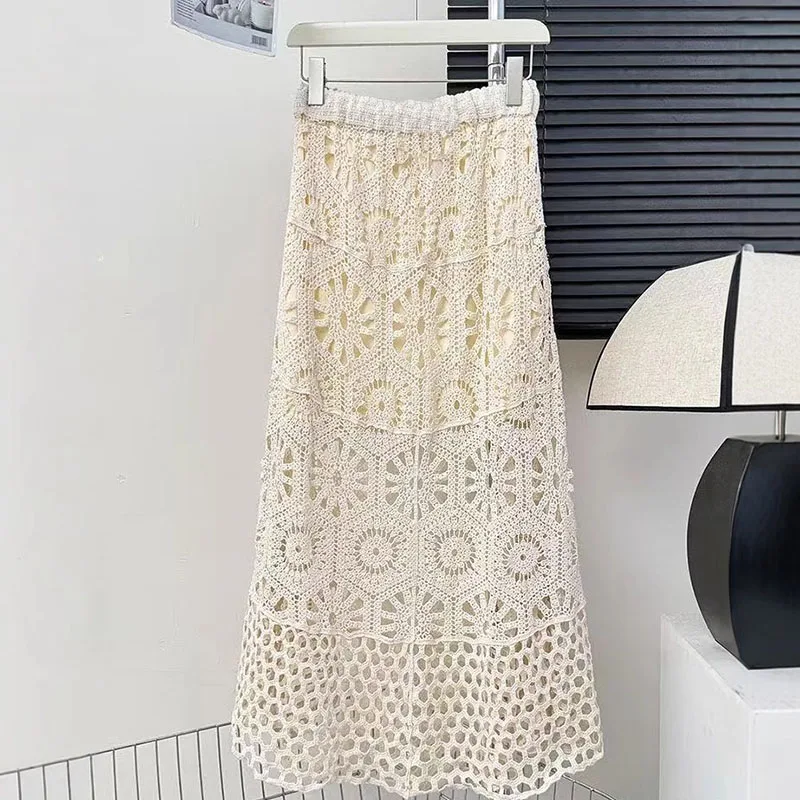 Boring Honey National Style Hollow Out Crocheted Knit Skirt Bohemian Holiday Style Drape Big Swing A-Line Skirt Beach Dress Wome