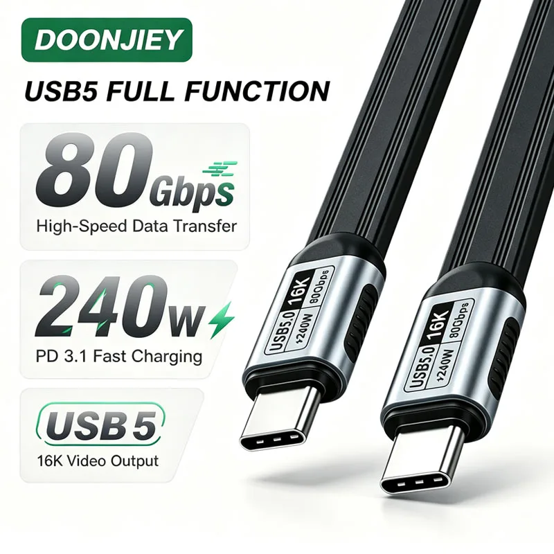 DOONJIEY USB 5.0 Cable 80Gbps PD240W 16K Type C Fast Charge Compatible Thunderbolt 5 USB C Data Transfer Cord for Laptop iPhone