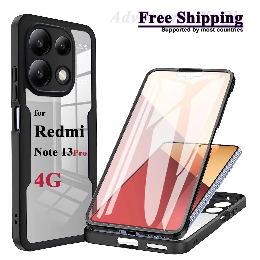 

For Redmi Note 13 Pro 4G 360 Full Coverage Protection Phone Case Screen Protector Camera Lens Protection Bumper Shell Funda