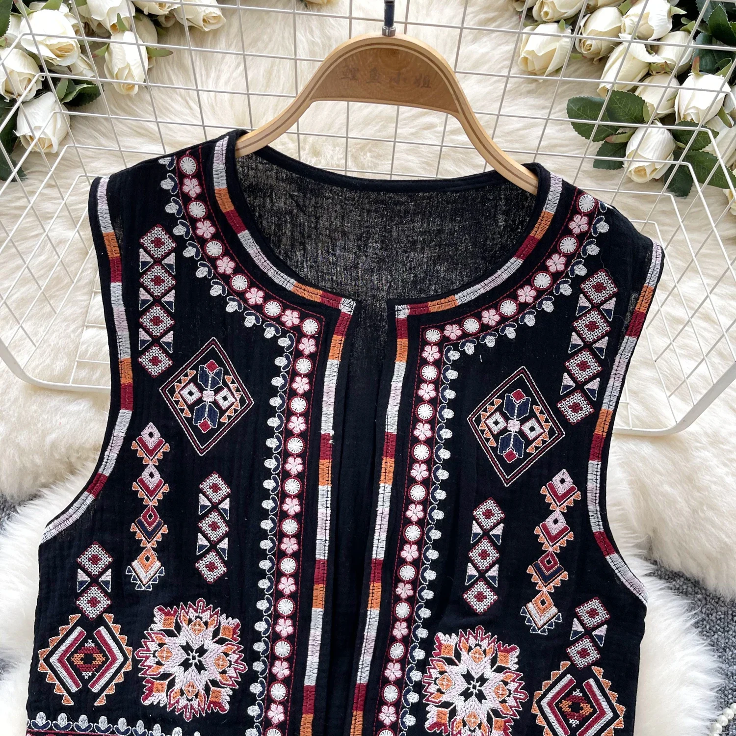 Women fashion embroidery cropped open waistcoat vintage o neck sleeveless female outerwear chic vest tops