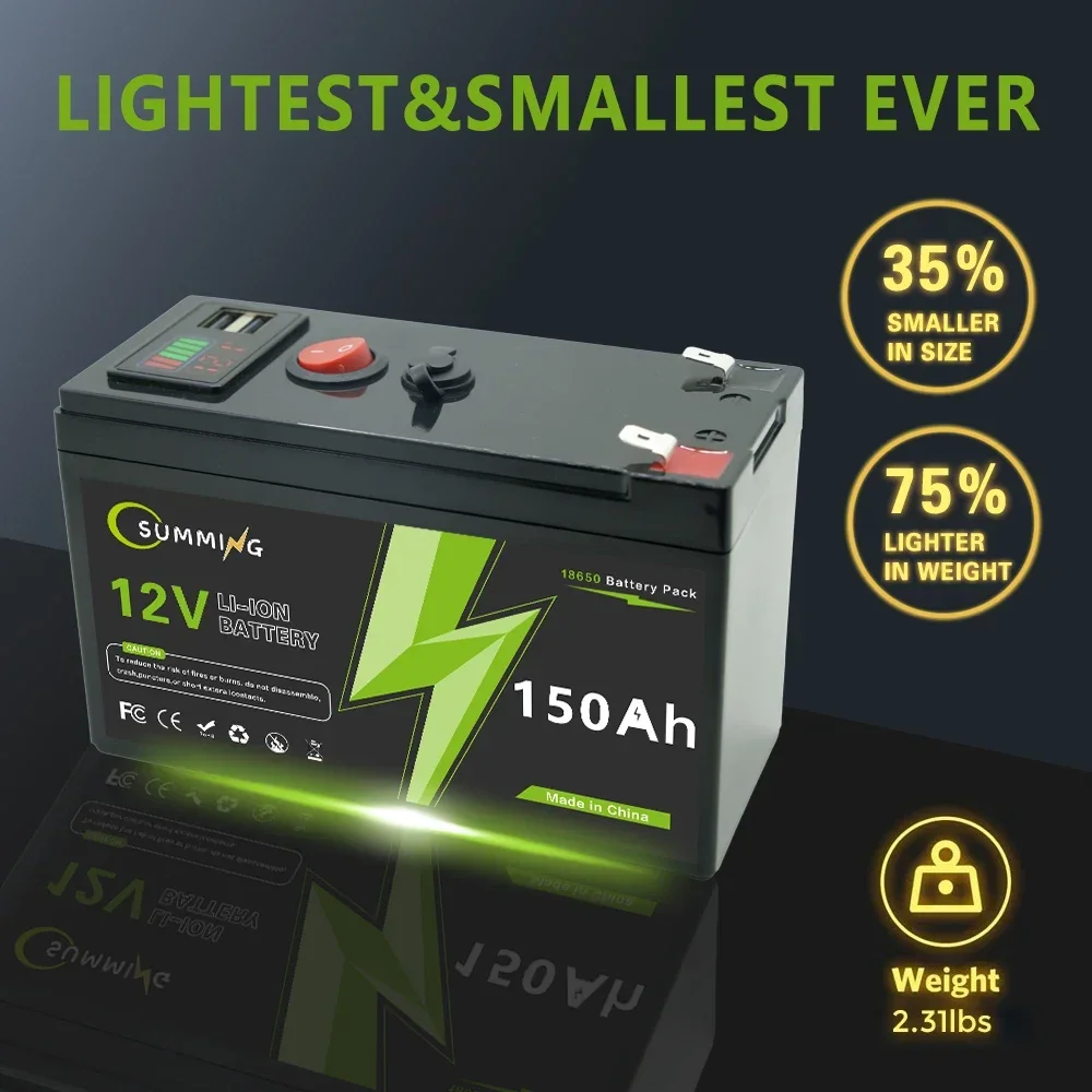 Dobíjecí lithiová baterie LiFePO4 12V 150Ah, vestavěný systém BMS, ideální pro odrážedla, solární panely, chytače ryb, elektrická kola - náhled 4