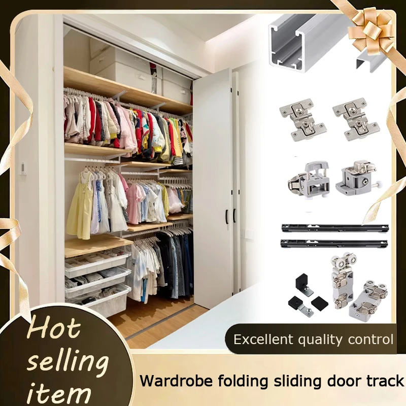 Japanese Style Metal Wardrobe Folding Sliding Door Full Hardware Kit With Hanging Rail Roller Track For Open Walk In Closet