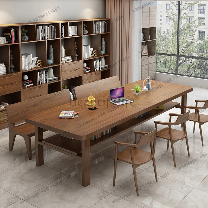 PG double-layer desk large length full solid wood double reading table study table home student painting and calligraphy