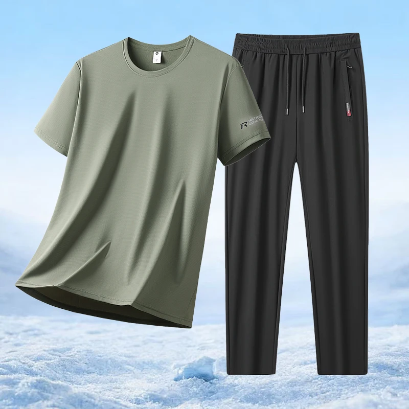 

Мужской модный комплект: футболка с коротким рукавом из ледяного шелка и повседневные брюки для активного отдыха, легкий и дышащий комплект для тренировок на открытом воздухе