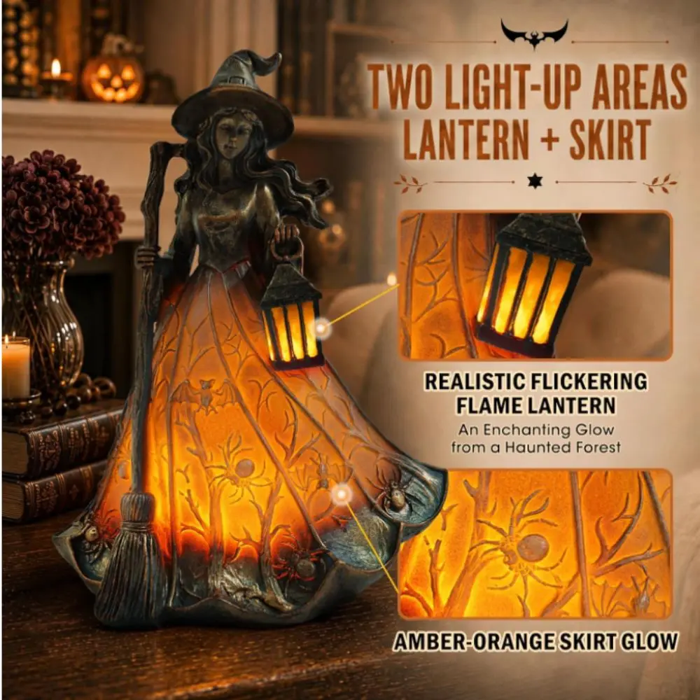 18cm Halloween Witch Lamp Standing Design Holding Lantern Broomstick Witch Statues Festive Atmosphere Creativity