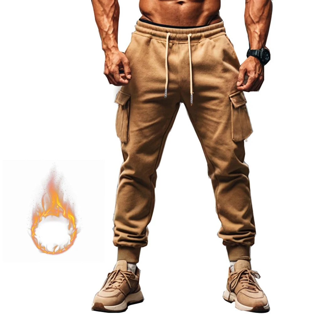 Mens Autumn Winter Plus Velvet Multi-pocket Cargo Pants Straight Fit Sweatpants Straight Fit Sports Sweatpants Fashion