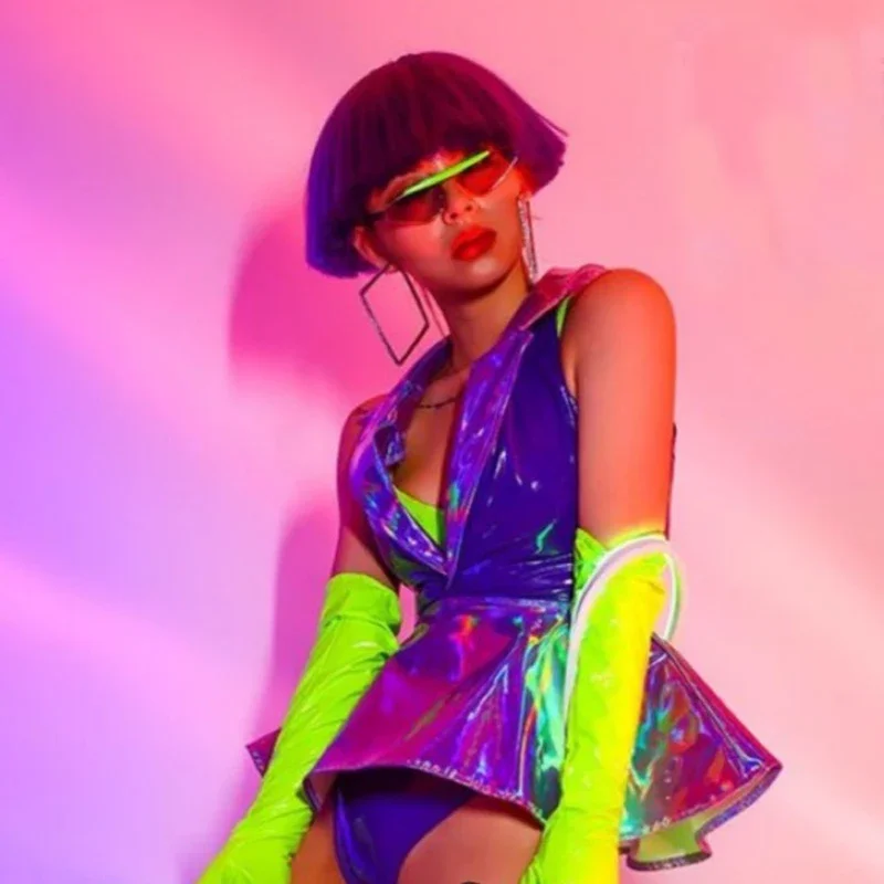 Bar Nightclub Dj Ds Gogo Costume Stage Outfit Sexy Purple Laser Dress Shorts Green Gloves Women Pole Dance Rave Clothes XS5317