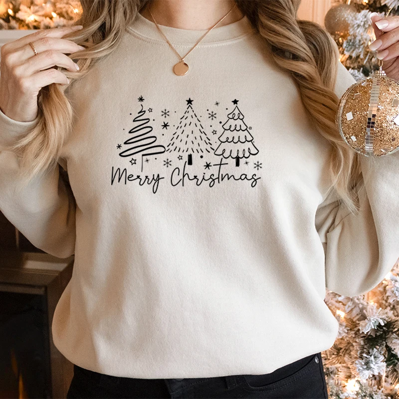 Merry Christmas Tree Trending Sweatshirts Women Funny Festive Fashion Casual Hoodies Trendy Christmas Tree Design Holiday Hoodie