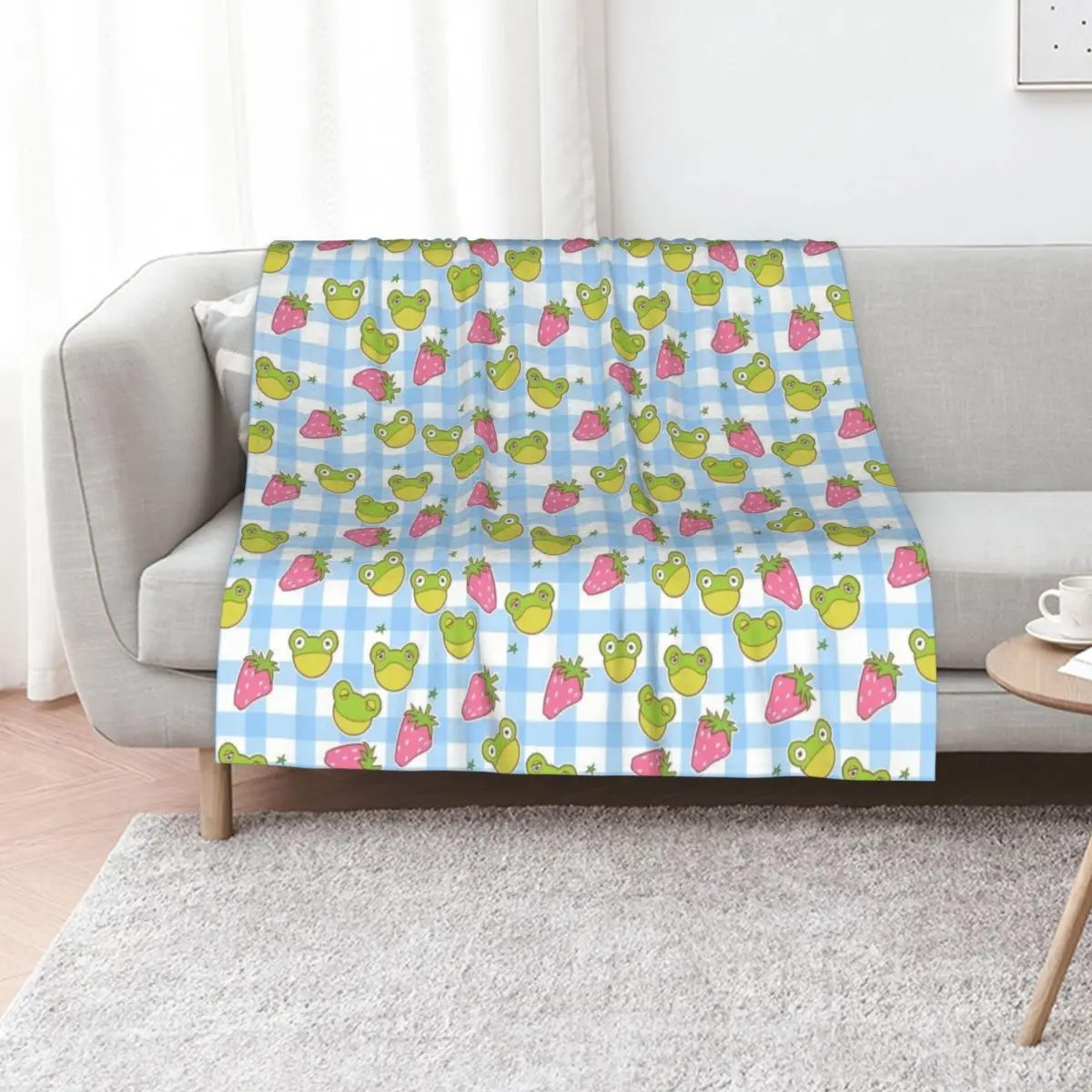 Cottagecore Froggies on Blue Gingham Throw Blanket Polar Stuffeds Sofas Heavy wednesday Blankets