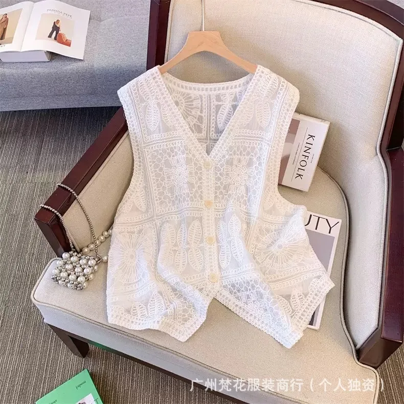 Summer French Style V-Neck Hollow out Hook Flower Loose Fit Tank Top Women's Sweet Subtle Slimming Versatile Short Sleeve Vest