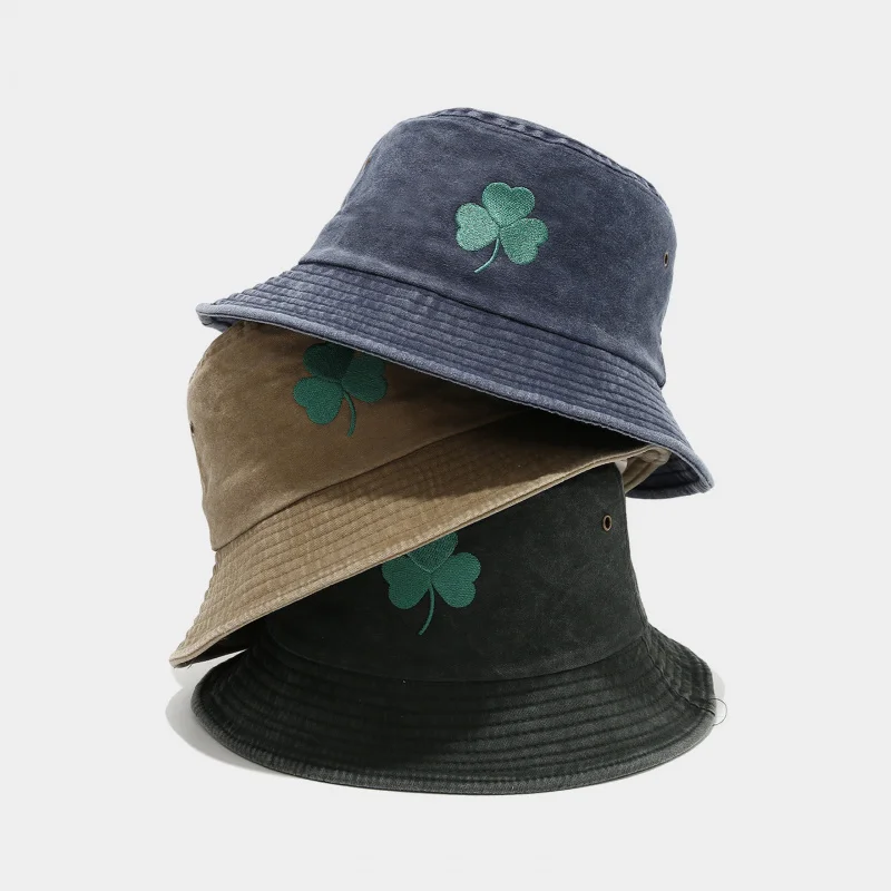 Vintage Washed Cotton Bucket Hat with Green Clover Embroidery, Casual Sun Cap for St. Patrick's Day