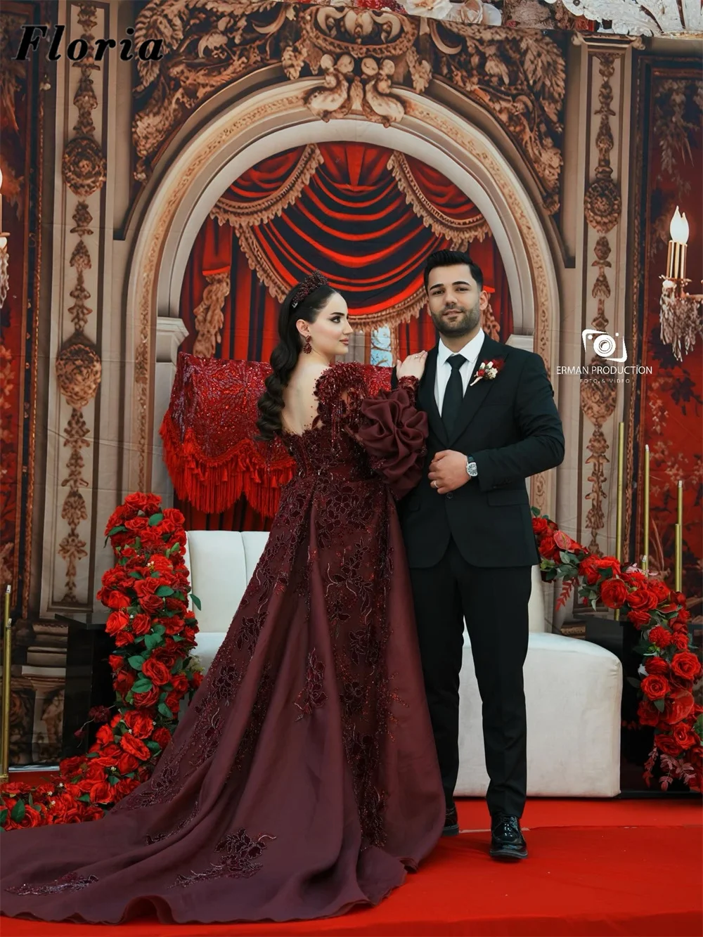 Two Pieces Burgundy Beading Evening Dresses With Overskirt Robes De Soiree Customized Long Sleeves Engagement Gowns Party Dress