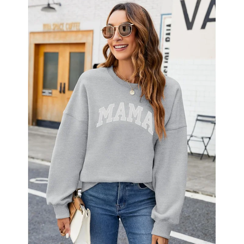 Round Neck Women\'s Sportswear Casual Oversized Pullover Hooded Sweatshirt Long Sleeved Pattern Printed Gray