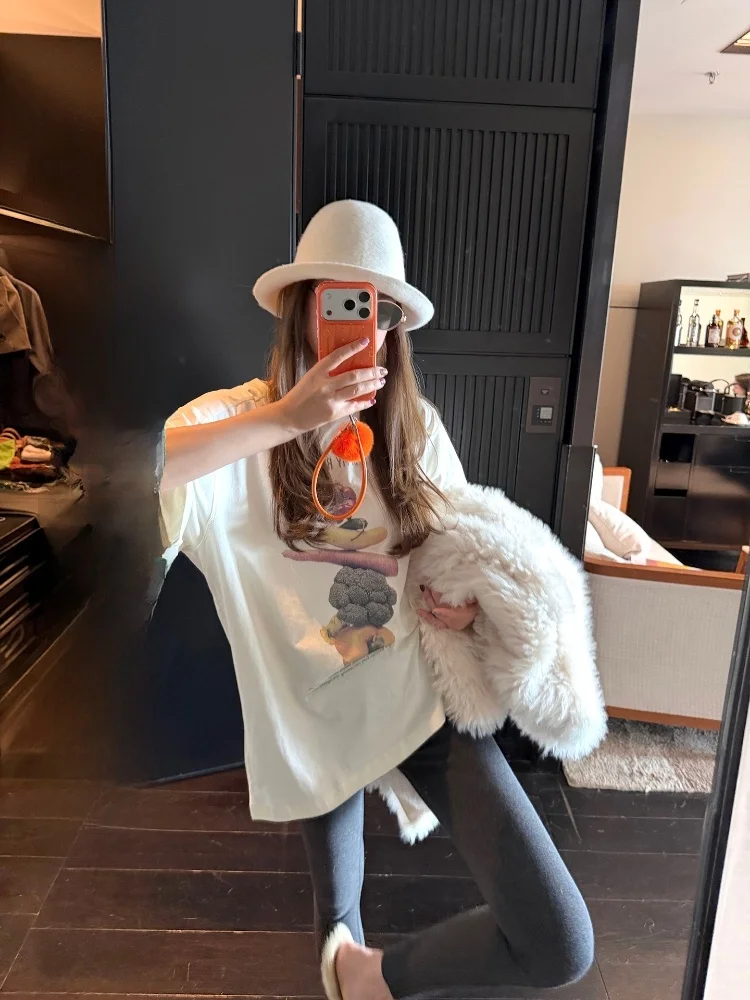 

CheerioBan Retro Sle Fruit Print Cotton T-irt Soft Cotton ort Sve round Ne mid Waist Design for Ladies