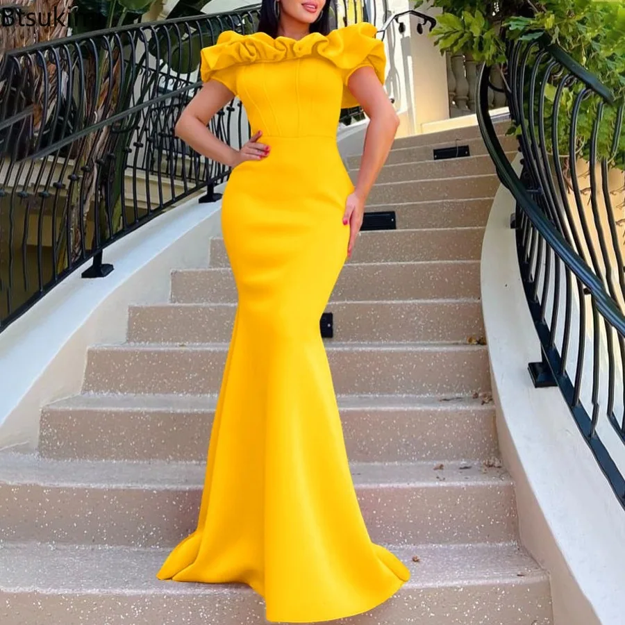 New 2025 Women's Elegant Long Evening Dress Ruched Off Shoulder Slim Bodycon Mermiad Club Dress Formal Party Wedding Guest Gown