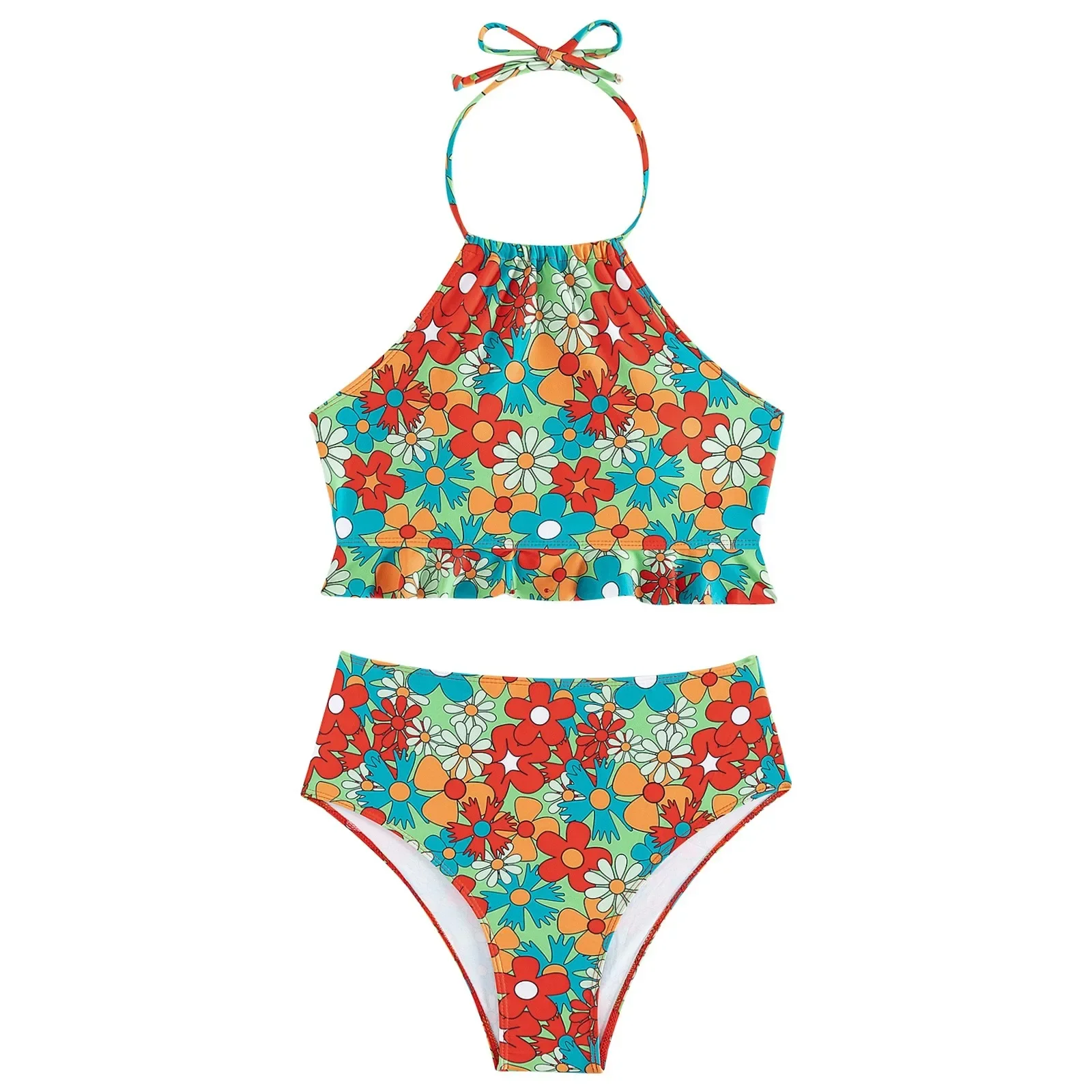Fashion Flower Printing Two Pieces Swimsuit Halter Pleated Drawstring Lace Up Ruffle Sleeveless Bikini Set High Waist Swimwear
