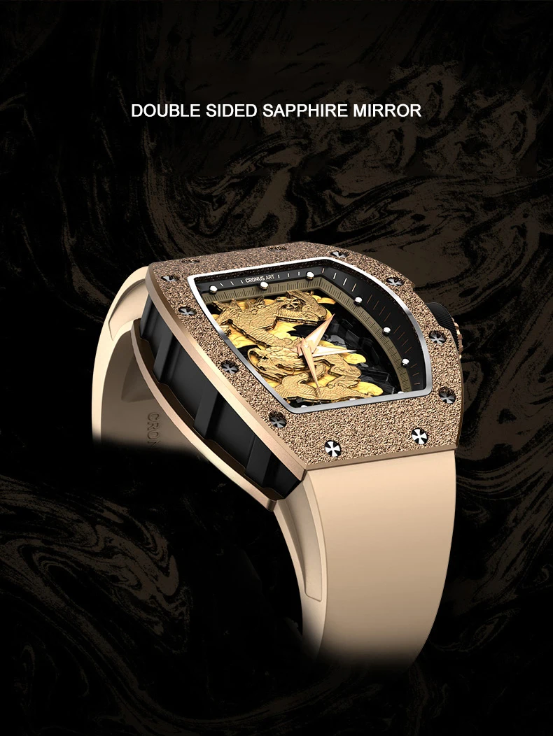 CRONUSART Orologio automatico da uomo 50mm * 42mm Tonneau Orologio da polso meccanico Luminou Cinturino in gomma fluorurata Drago dorato Quadrante scavato