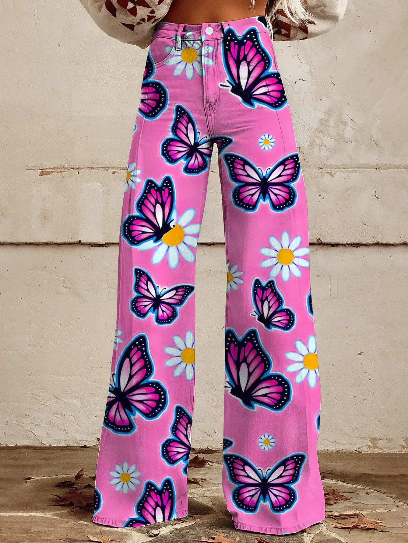 2026 Women's printed geometric pattern wide leg imitation jeans, Ground length winter pants