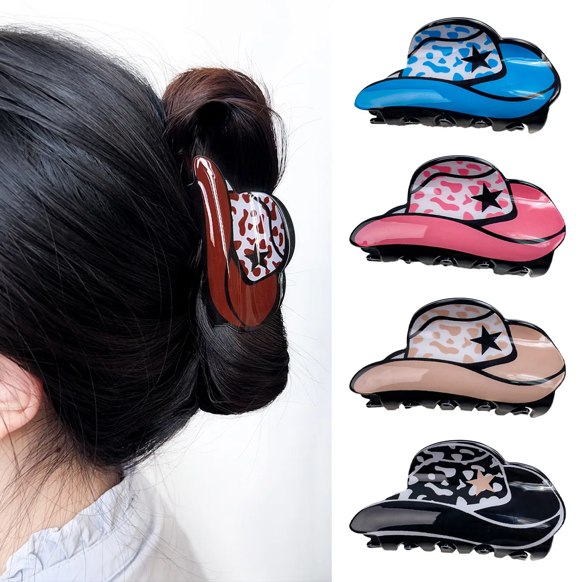 

Acrylic Cowboy Hat Hair Clip, Women's American Retro Leopard Print Ponytail Clip, Shark Clip Hair Accessory Headwear