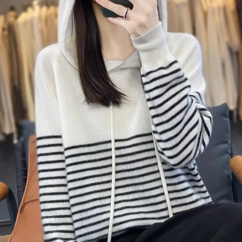 Femmes rayure à capuche tricots hauts dames pull couleur bloquant pull vêtements d'extérieur automne hiver femme tricot veste E6859