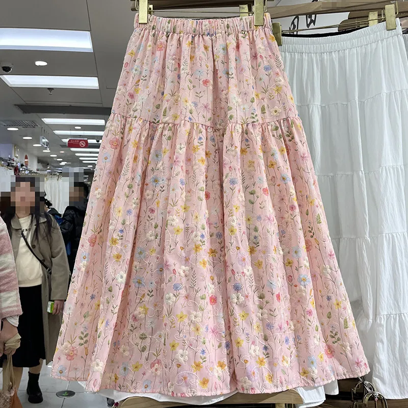 Qiukichonson Mid Long Skirts Womens Floral Skirt 2026 Spring Summer Korean Lolita High Waist Heavy Embroidery Pleated Skirts rok