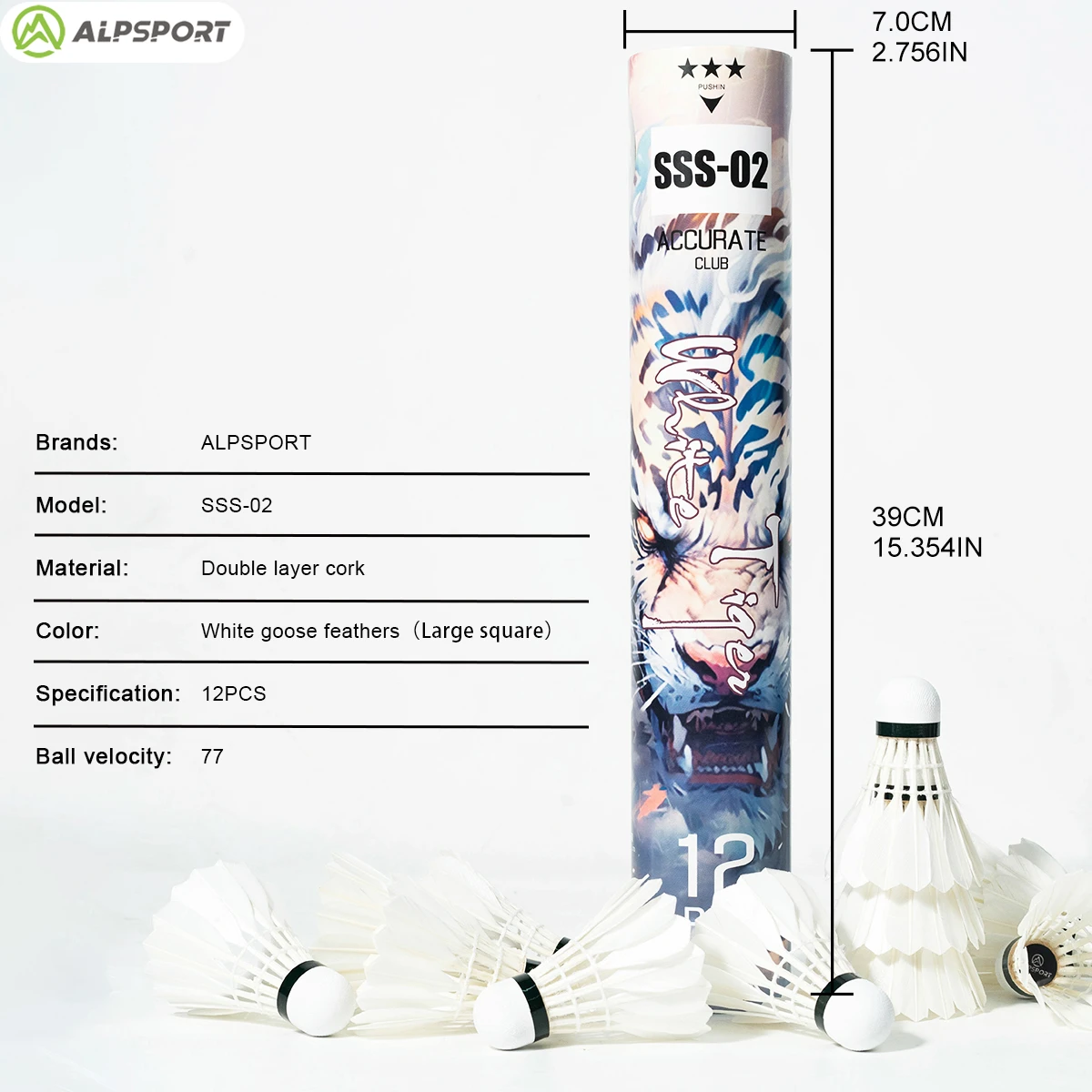 ALP SSS-02 12PCS/1 Bucket Professional Competition Grade White Duck Feather Badminton Durable Training Ball 77 Speed Shuttlecock