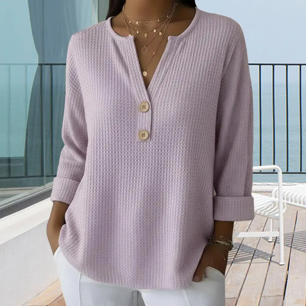 

Waffle Texture Women Tops V-Neck Button Half Placket Long Sleeve Pullover Tops Pure Color Loose Women Shirt Summer Casual Tee 80