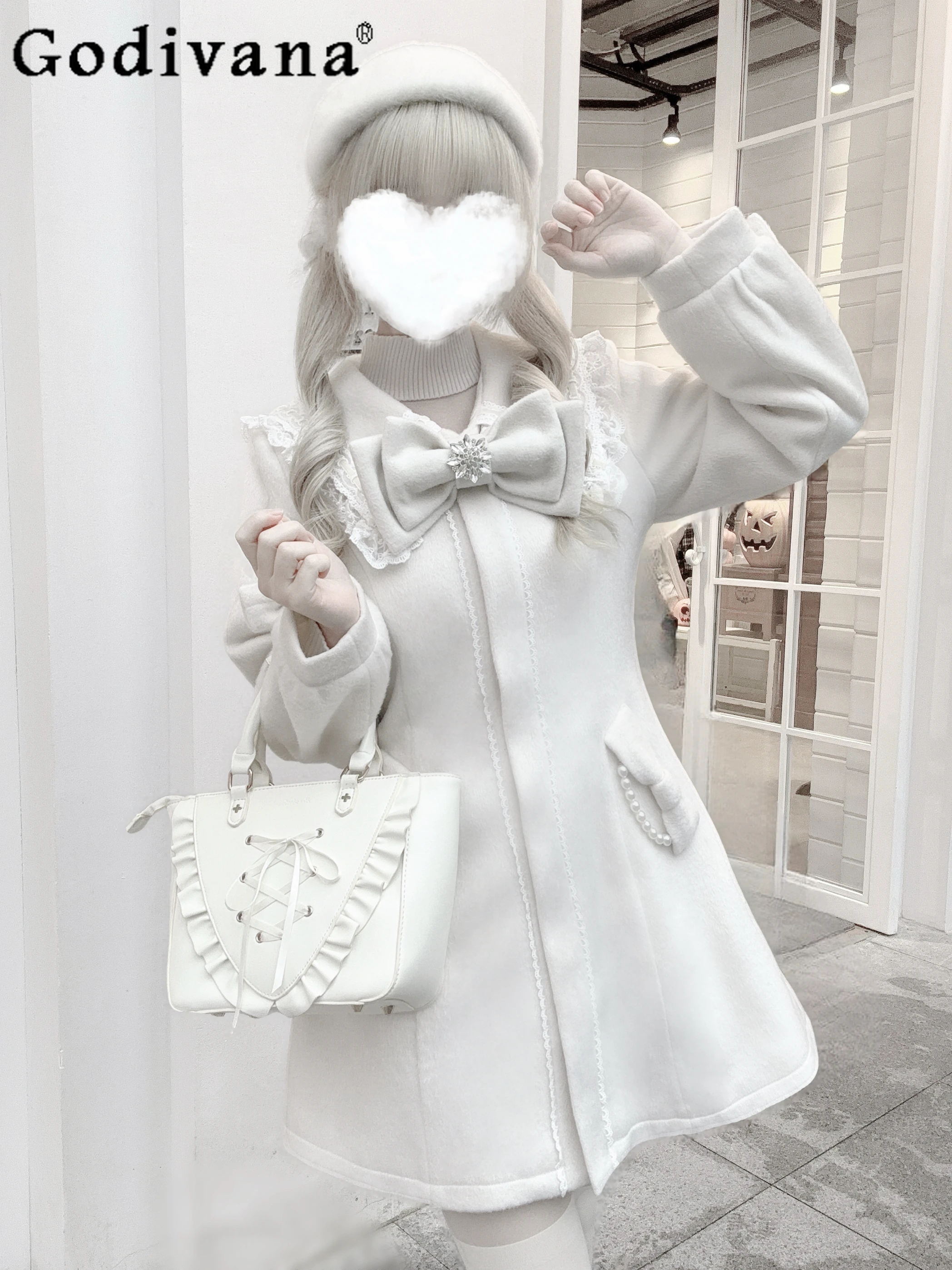 

Original Japanese Mine Mass-Produced Sweet Lolita Woolen Jacket Autumn and Winter New Women's Slimming Cute Bow Long Overcoats