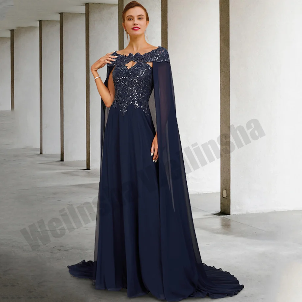 Vestido azul marino con capa de gasa para madre de la novia, apliques de lentejuelas brillantes, una línea, vestidos de invitados de boda, vestido de noche