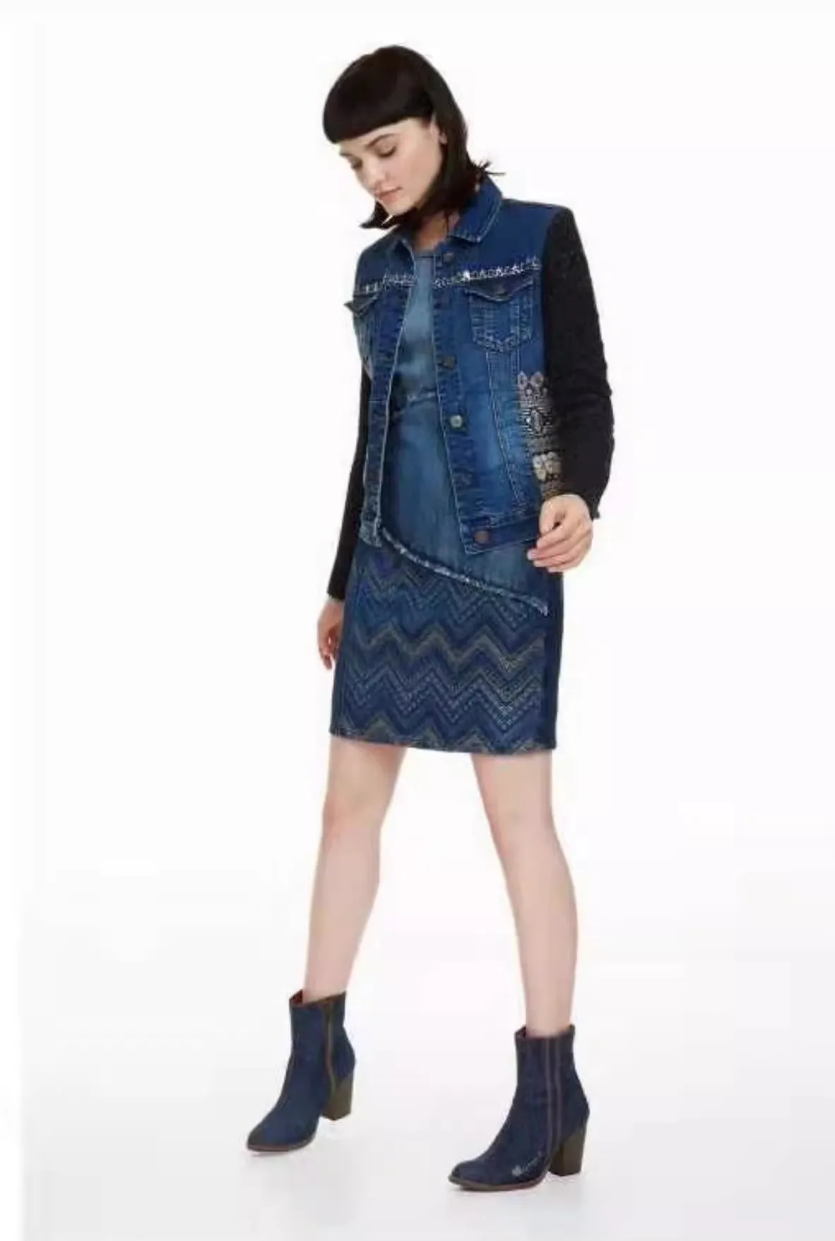 Spanish brand embroidered denim stitching wool sleeve jacket heavy industry