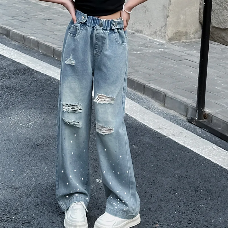 Girls Jeans Spring Summer New Children's Edition Broken Hole Hot Diamond Wide Leg Pants Trendy Cool Kids Denim Pants