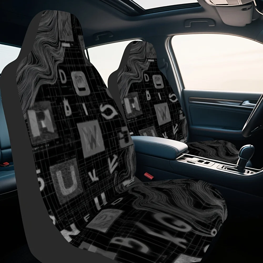 2pcs Monochrome Alphabet Collage Car Seat Covers - Modern Minimalist Design With & Lettering, Washable Fabric, Fit For All Vehic