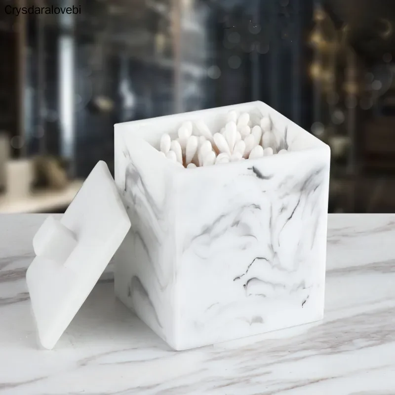 Nordic Creative Round Resin Marble Texture Cotton Swab Box Home Living Room Toothpick Box Desktop Double Grid Storage Box