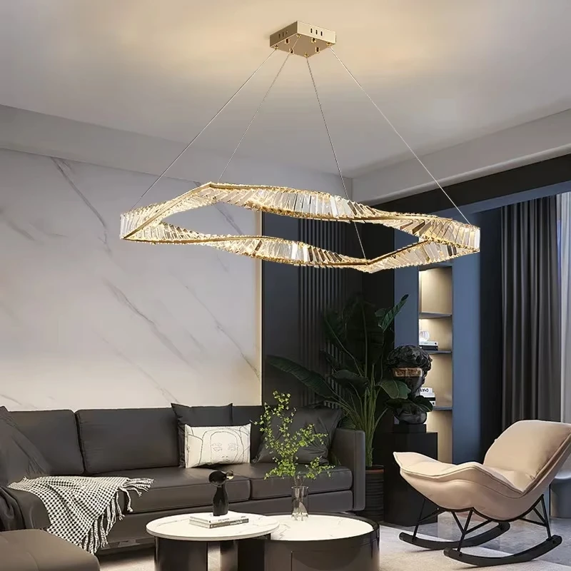 Rectangle LED Crystal Chandelier Living Dining Room Design Kitchen Hanging Lamp Modern Home Decor Square Gold Light Fixtures