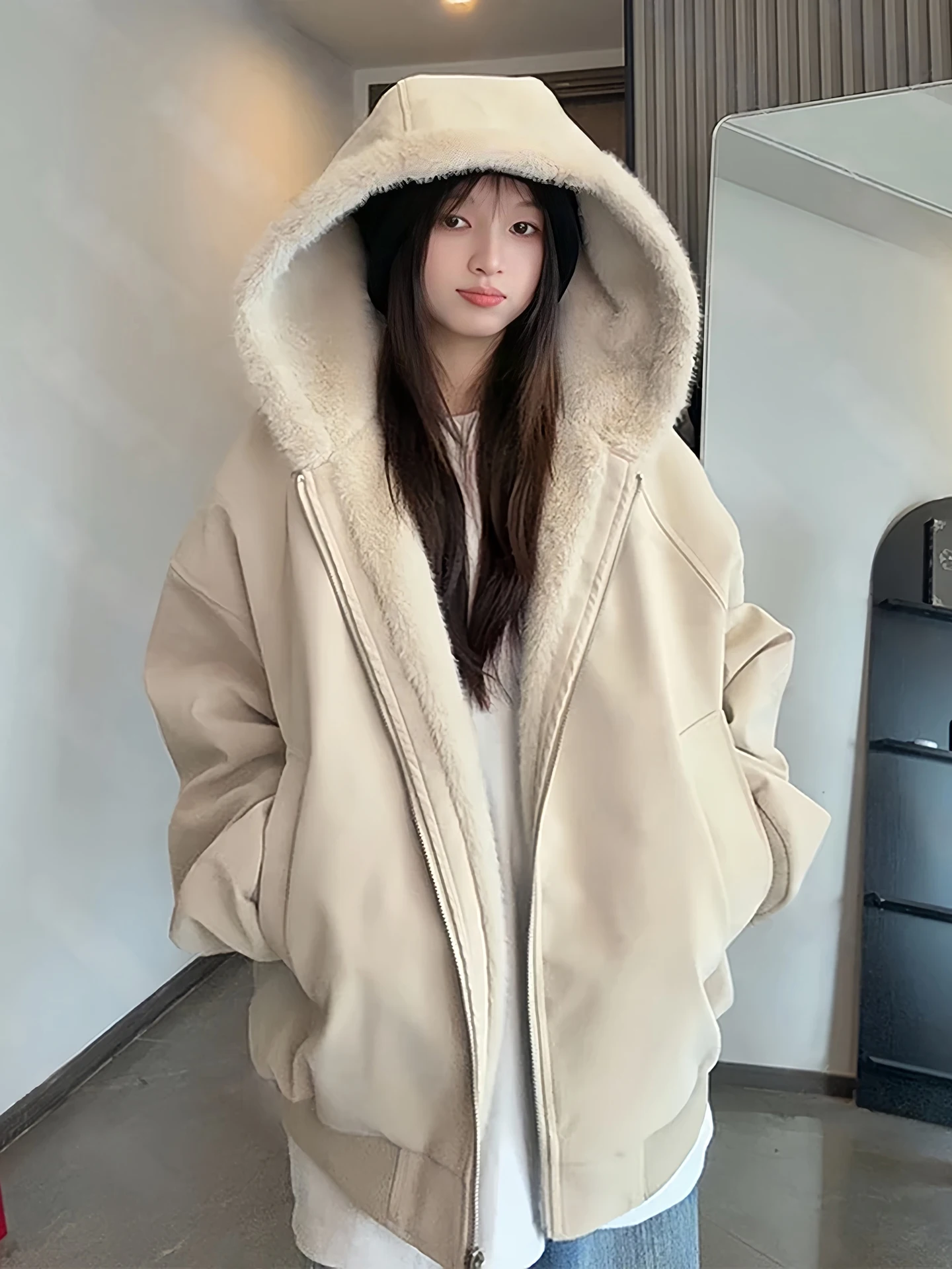 

Men's And Women's Thiened Floing Hooded down Jaet PU Leather Mountain Eagle Design Winter Outdoor Wearable Coat