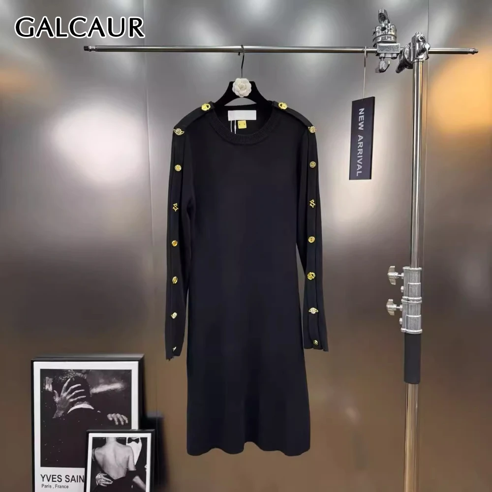 

GALCAUR черное шикарное платье с пуговицами, женское облегающее французское элегантное женское платье с круглым вырезом и длинными рукавами, осенняя мода, новинка