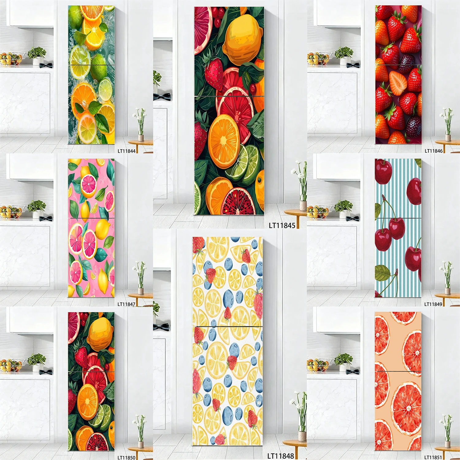 Tropical Fruit Lemon Strawberry Refrigerator Door Sticker Waterproof Self-Adhesive Fridge Mural Wrap for Kitchen Home Decor