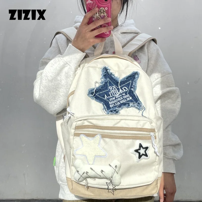 Y2K Women's Backpack Denim Star Pattern White School Bag Book Bone Shape Teenager Bagpack Letter Embroidery Large Capacity New