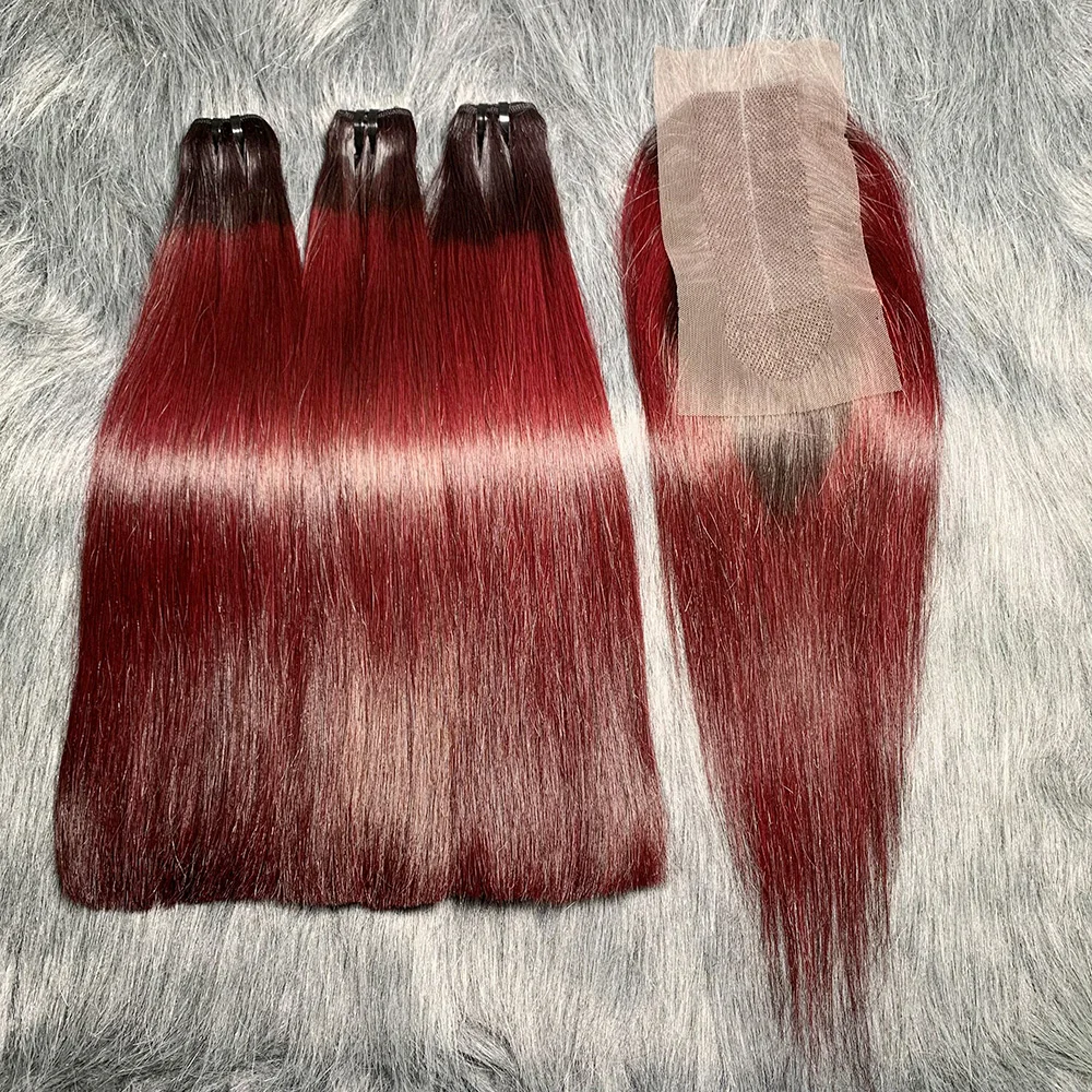 Extensiones de cabello humano virgen liso con cierre de encaje, 3 mechones con cierre, color rojo vino, hueso negro, 2x6, Vietnam